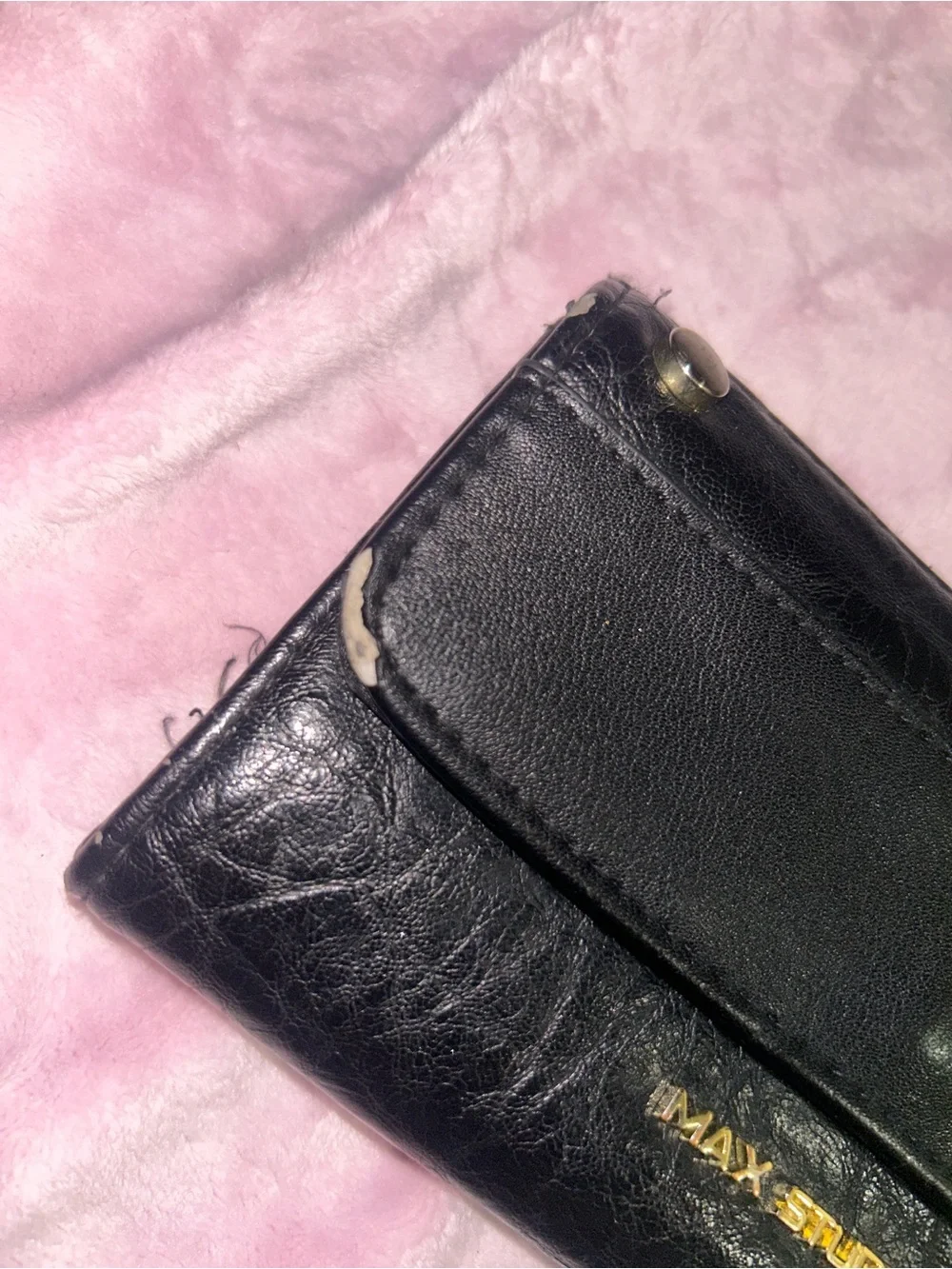 used Max Studio Black Leather Wallet with Gold Logo